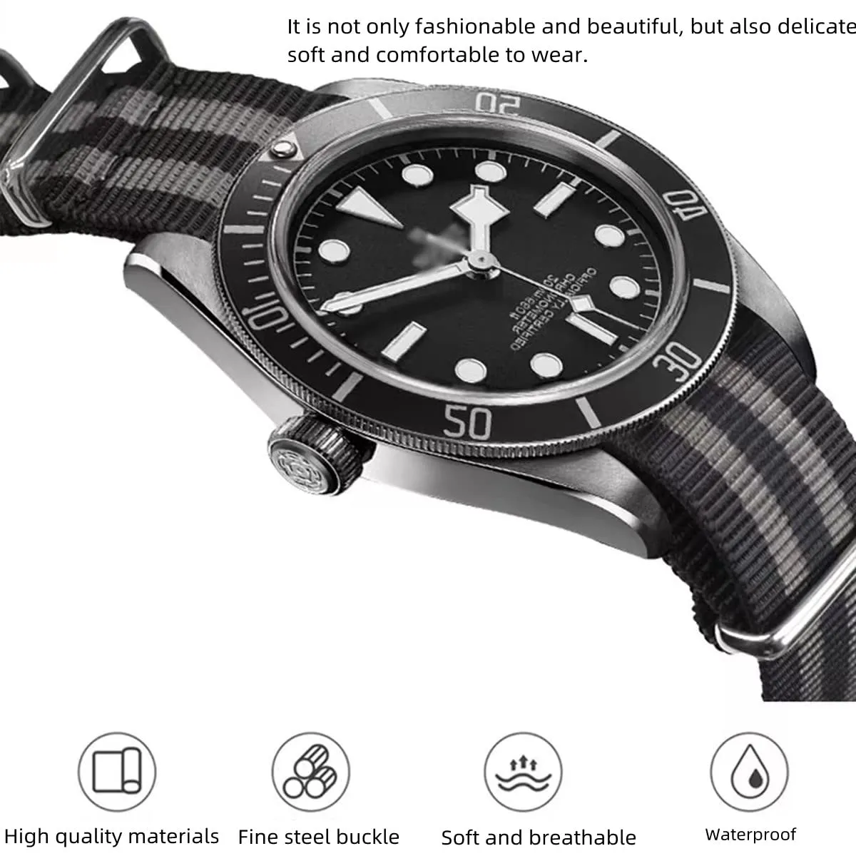 FOUUA Cinturino per Orologi in Nylon Stile Nato 18mm Nero-verde - immagine 2