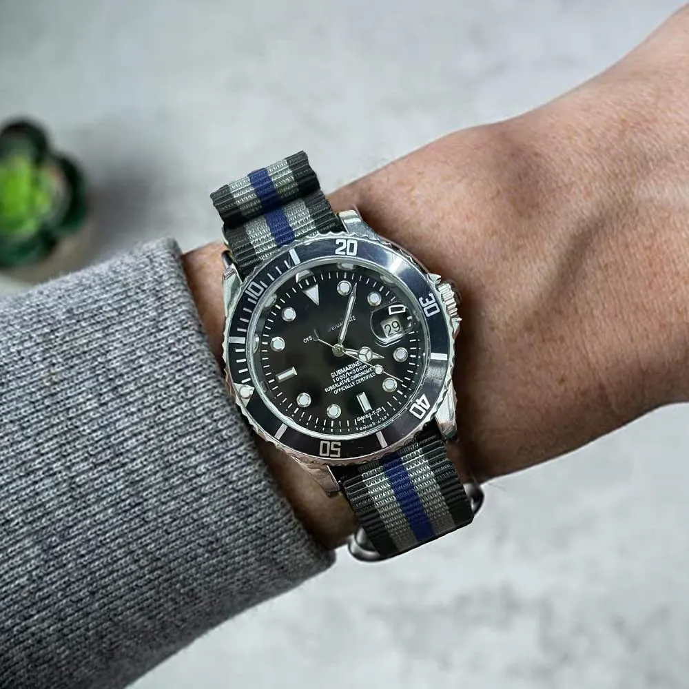 FOUUA Cinturini per orologi in nylon stile Nato, 16mm, Nero-grigio-blu - immagine 5