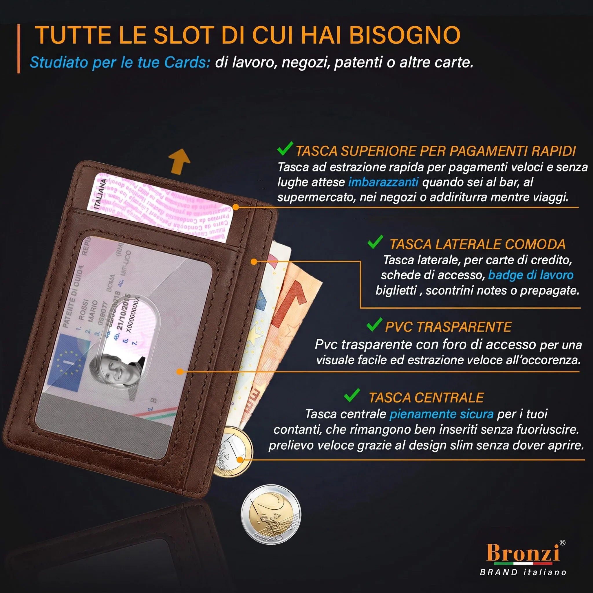 Bronzi Portafoglio Uomo Slim RFID Marrone Similpelle - immagine 3