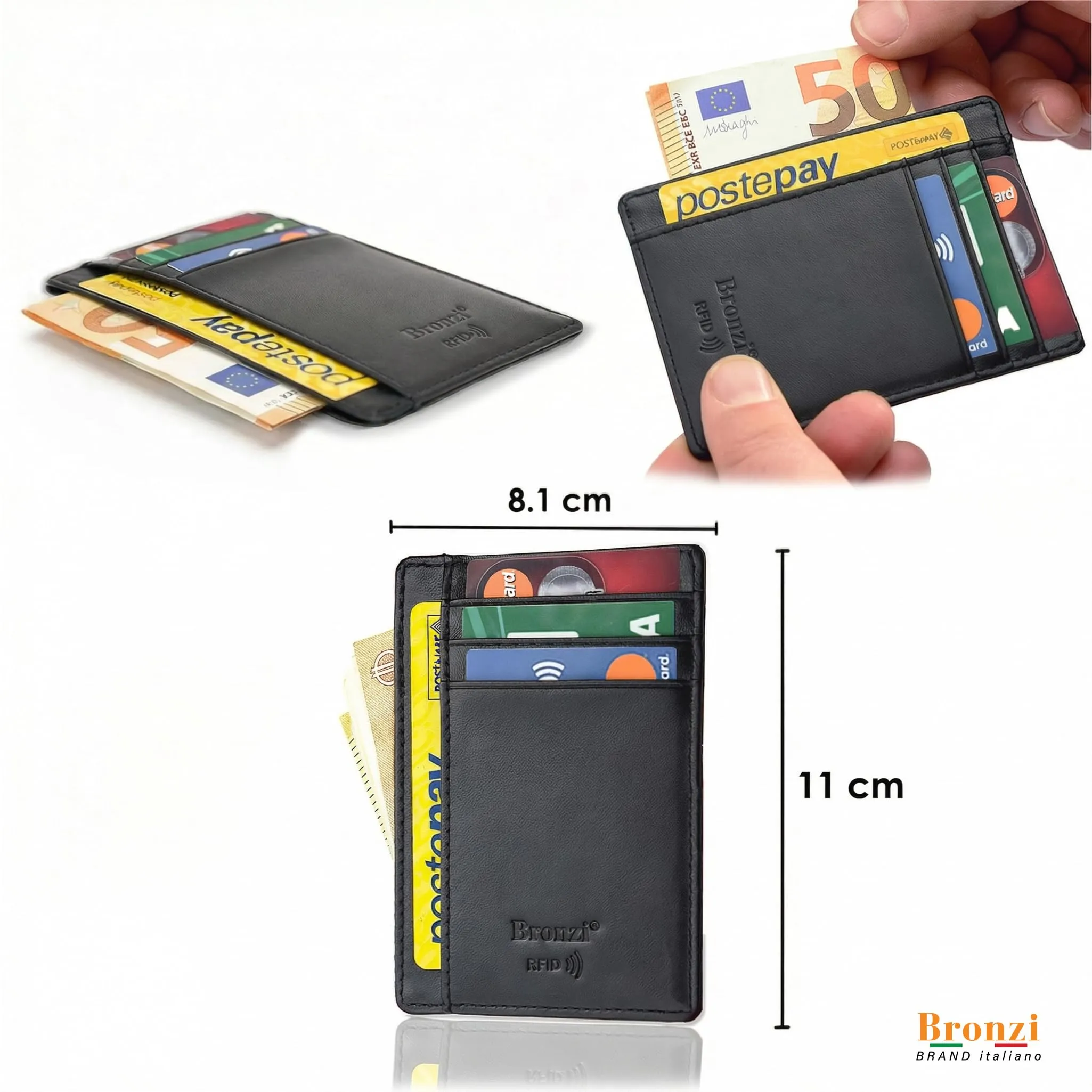 Bronzi Portafoglio Uomo Slim in Similpelle Nero, Portacarte con Protezione RFID - immagine 2