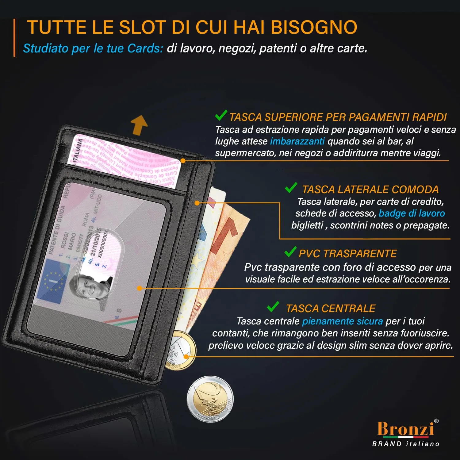 Bronzi Portafoglio Uomo Slim in Similpelle Nero, Portacarte con Protezione RFID - immagine 3