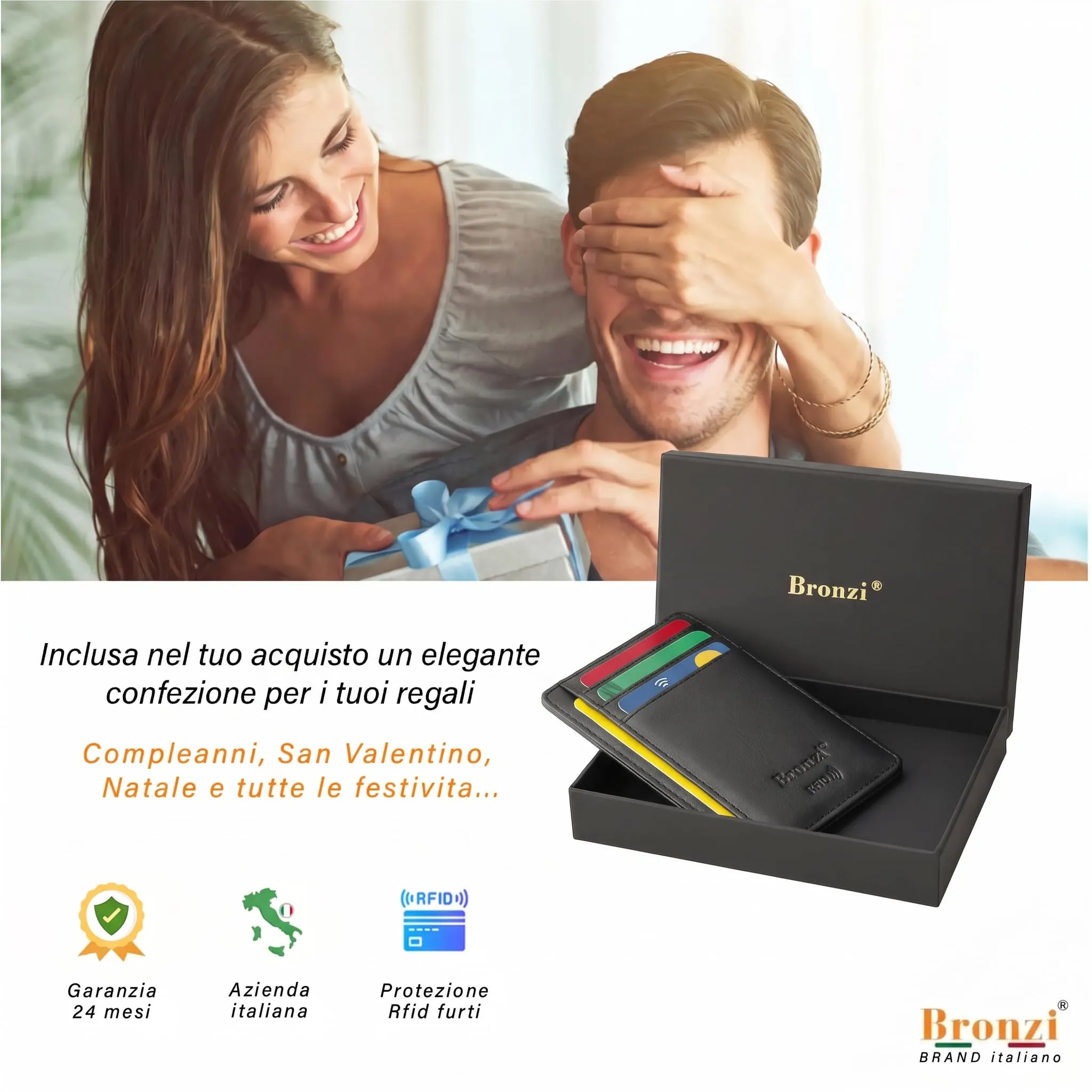 Bronzi Portafoglio Uomo Slim in Similpelle Nero, Portacarte con Protezione RFID - immagine 7