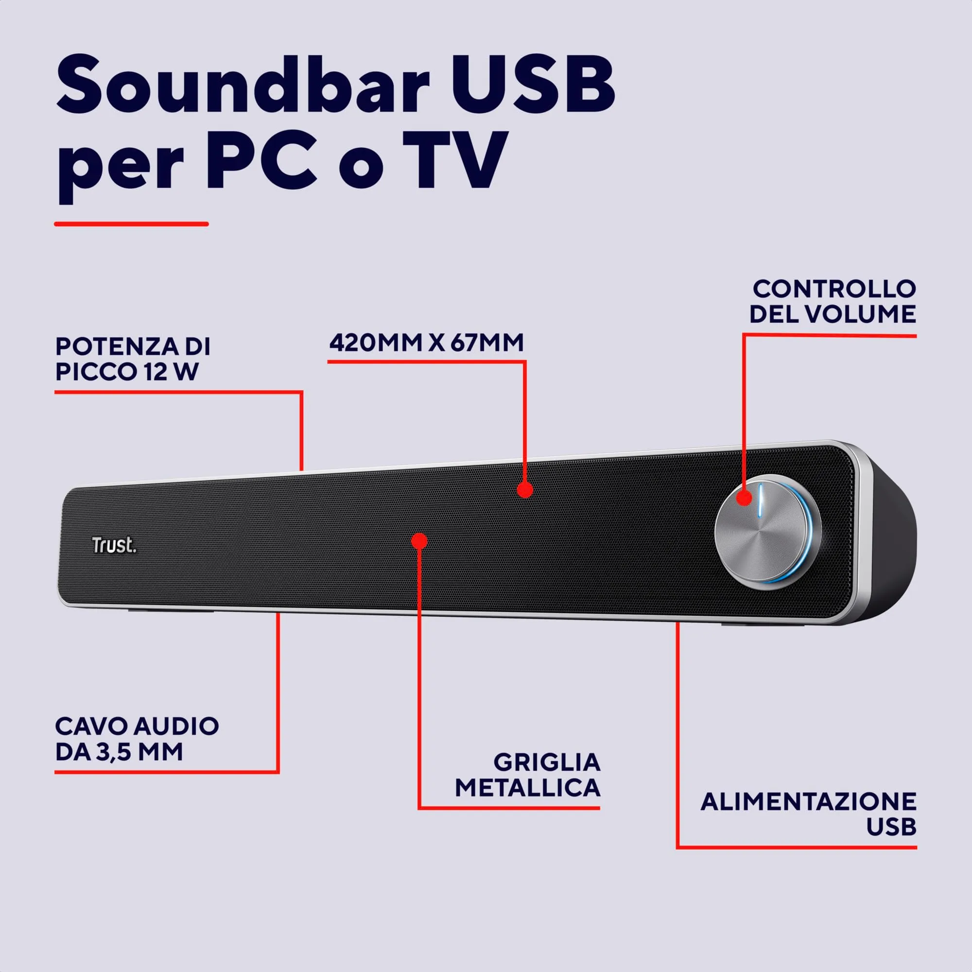 Trust Arys Soundbar PC, 12W, USB Power, 3.5 mm Jack, Black - immagine 2