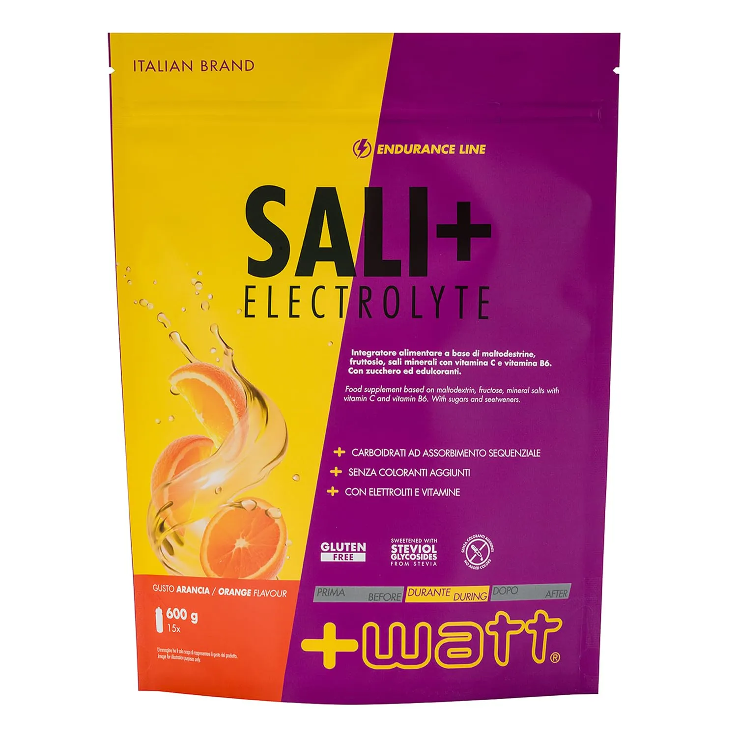 +Watt Sali+ Electrolyte Soluzione Ipotonica di Carboidrati ed Elettroliti, Gusto Arancia, 600 g - immagine 1