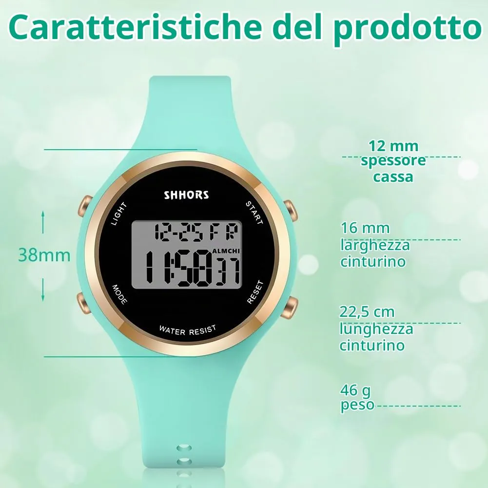 AOOSU Orologio Digitale da Donna con Sveglia, Cinturino in Silicone, Quadrante Luminoso e Data (Verde) - immagine 2