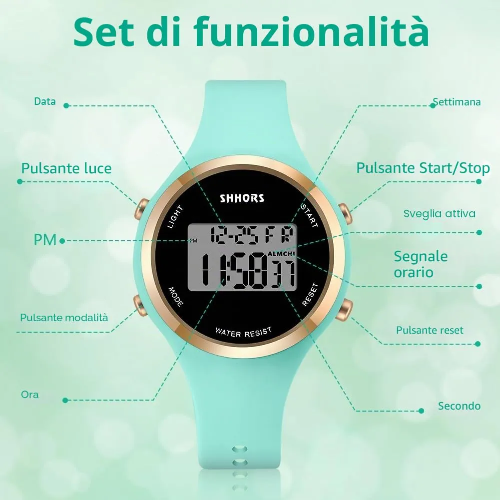 AOOSU Orologio Digitale da Donna con Sveglia, Cinturino in Silicone, Quadrante Luminoso e Data (Verde) - immagine 3