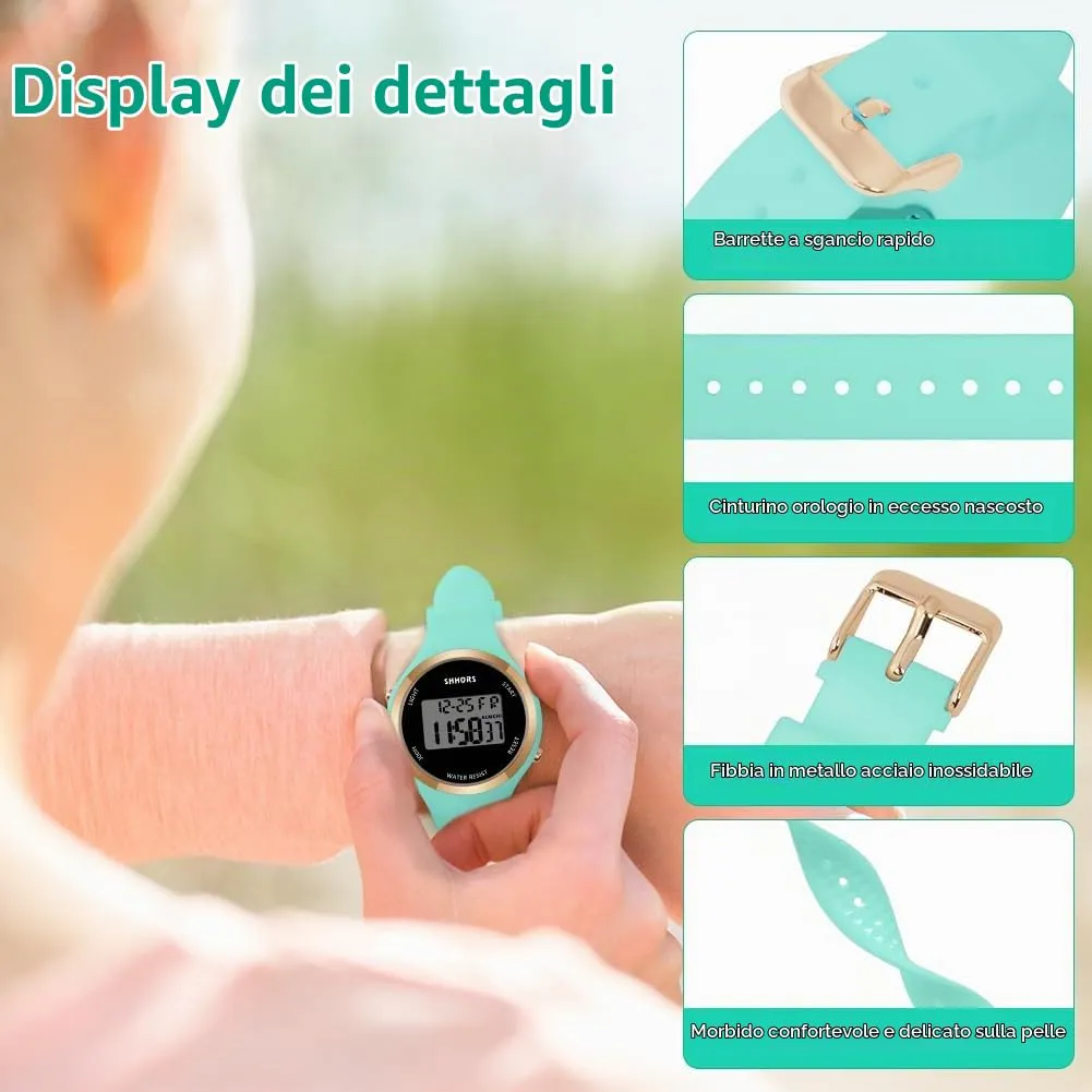 AOOSU Orologio Digitale da Donna con Sveglia, Cinturino in Silicone, Quadrante Luminoso e Data (Verde) - immagine 4