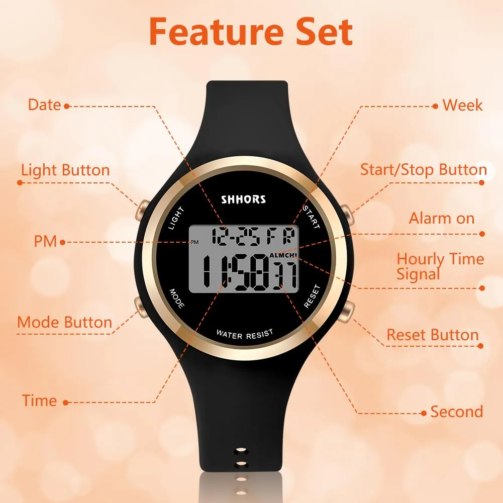 AOOSU Orologio Digitale da Donna con Sveglia, Cinturino in Silicone, Quadrante Luminoso e Data (Nero) - immagine 3