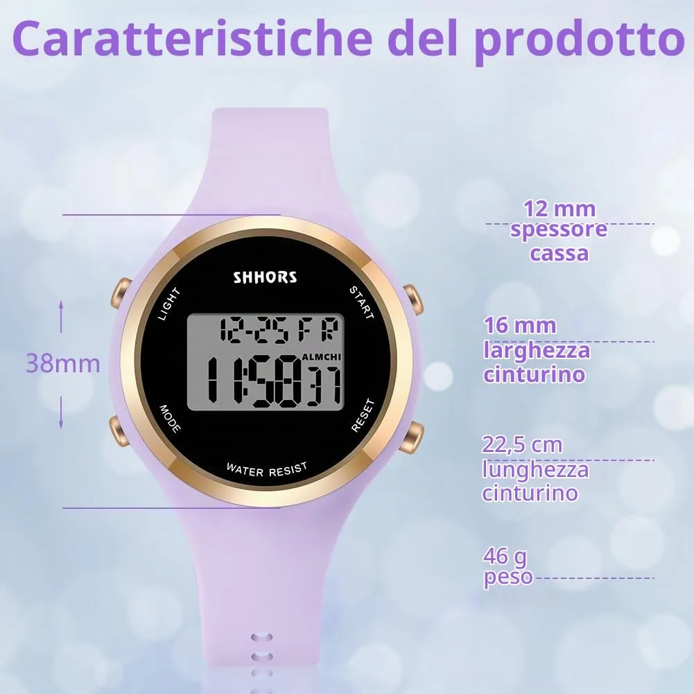 AOOSU Orologio Digitale da Donna con Sveglia e Data, Cinturino in Silicone, Quadrante Luminoso (Viola) - immagine 2