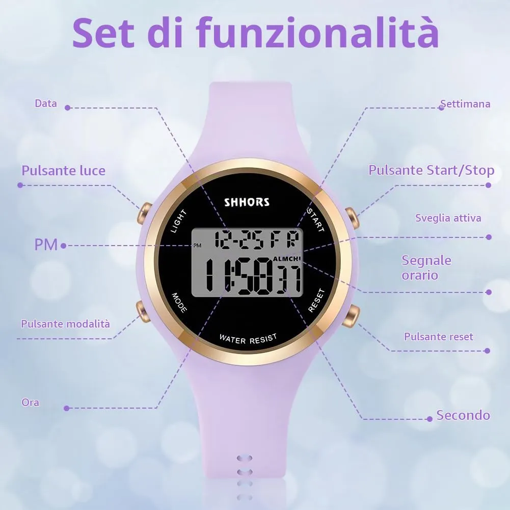 AOOSU Orologio Digitale da Donna con Sveglia e Data, Cinturino in Silicone, Quadrante Luminoso (Viola) - immagine 3