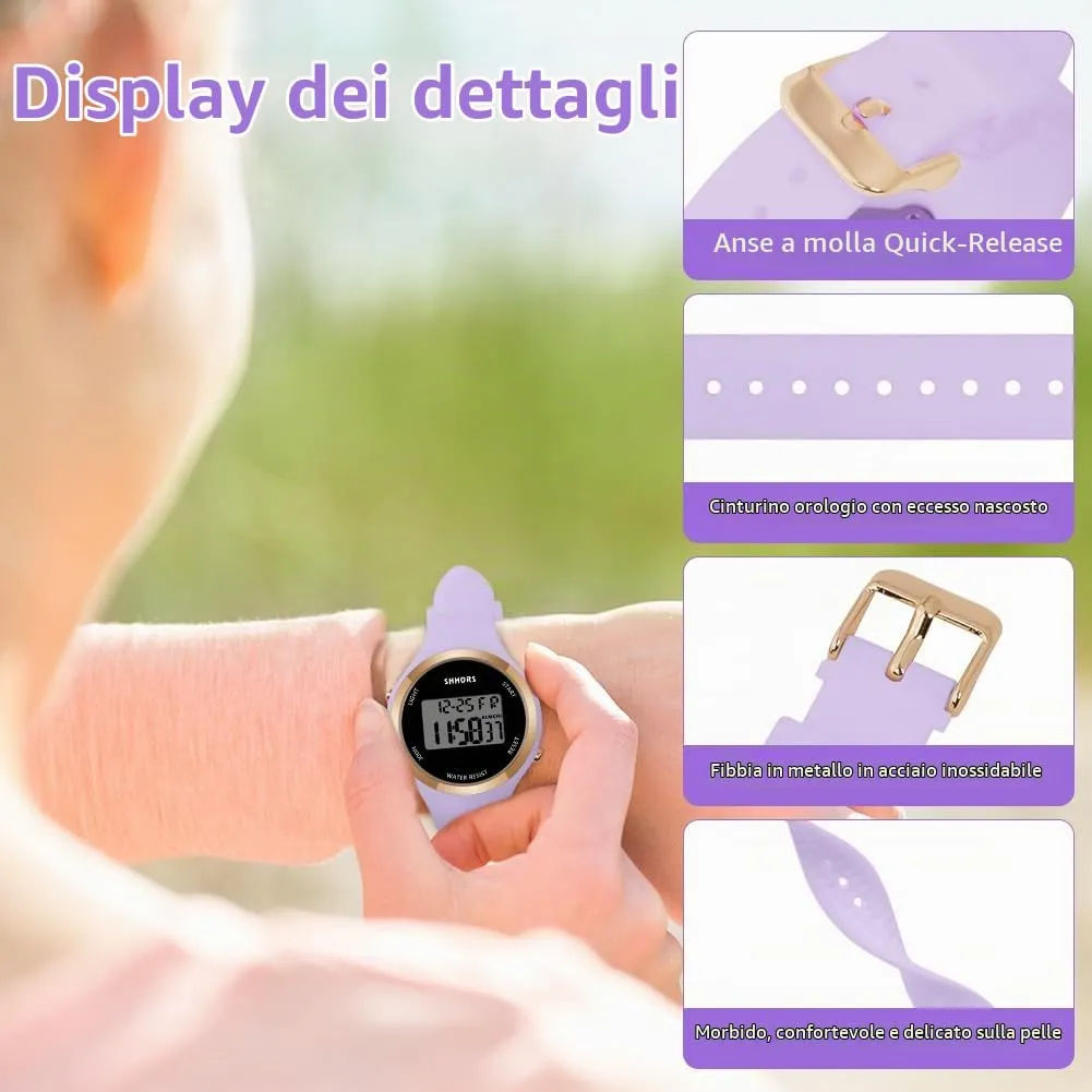 AOOSU Orologio Digitale da Donna con Sveglia e Data, Cinturino in Silicone, Quadrante Luminoso (Viola) - immagine 4