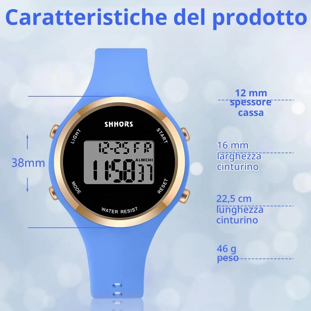 AOOSU Orologio Digitale da Donna, Cinturino in Silicone, Quadrante Luminoso, Data e Sveglia (Azzurro) - immagine 2