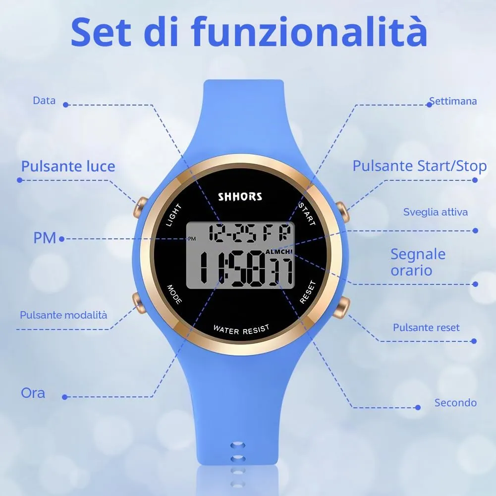 AOOSU Orologio Digitale da Donna, Cinturino in Silicone, Quadrante Luminoso, Data e Sveglia (Azzurro) - immagine 3