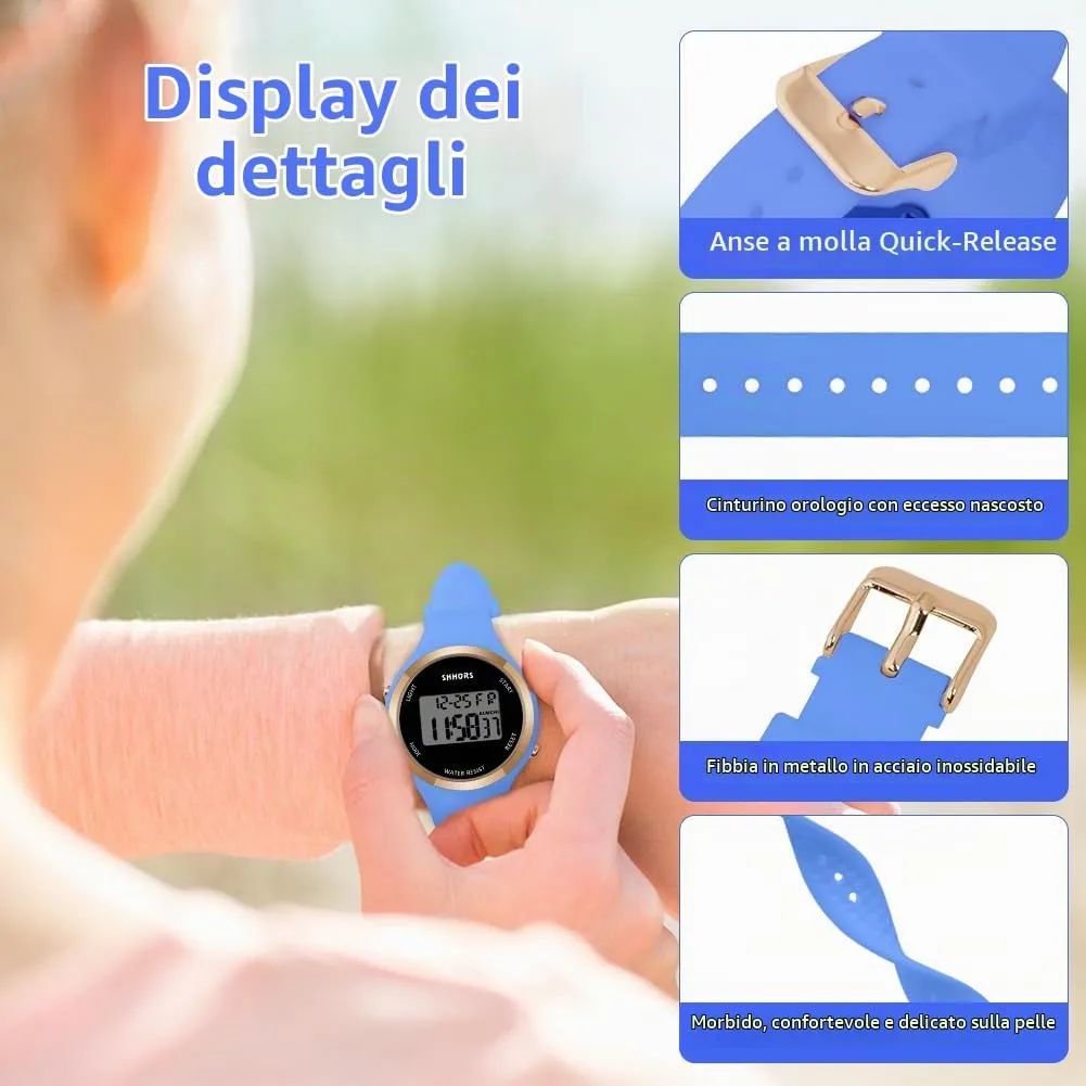 AOOSU Orologio Digitale da Donna, Cinturino in Silicone, Quadrante Luminoso, Data e Sveglia (Azzurro) - immagine 4