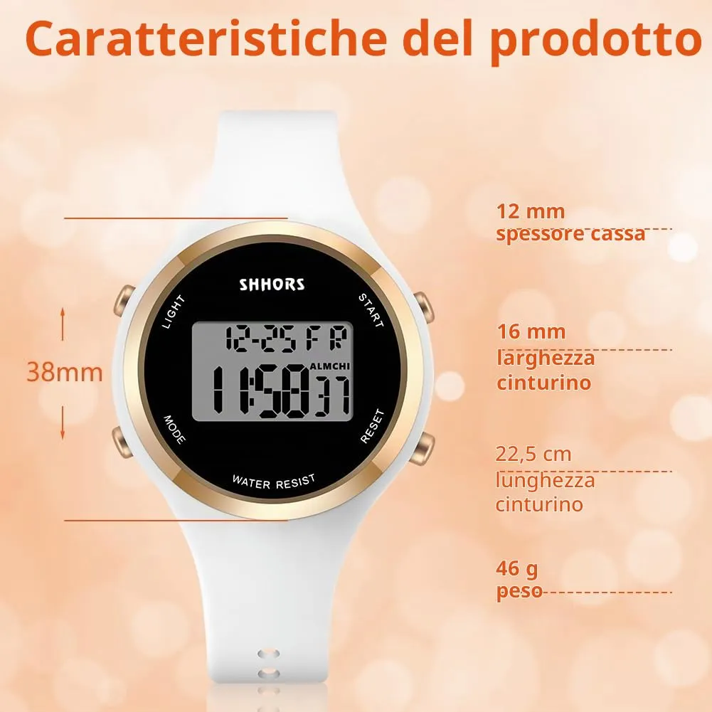 AOOSU Orologio Digitale da Donna, Cinturino in Silicone, Quadrante Luminoso, Bianco - immagine 2