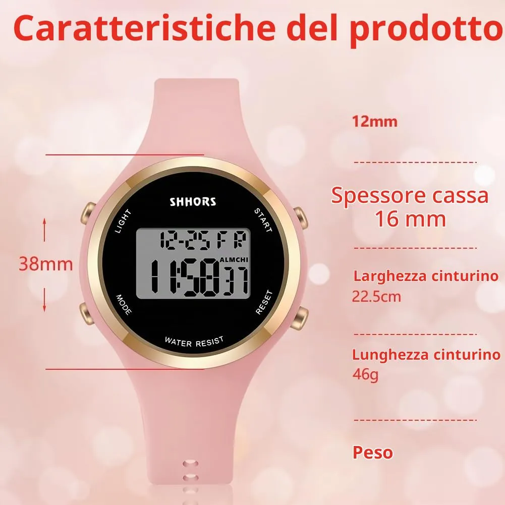AOOSU Orologio Digitale da Donna, Cinturino in Silicone, Quadrante Luminoso, Data e Sveglia (Rosa Fiori di Ciliegio) - immagine 2