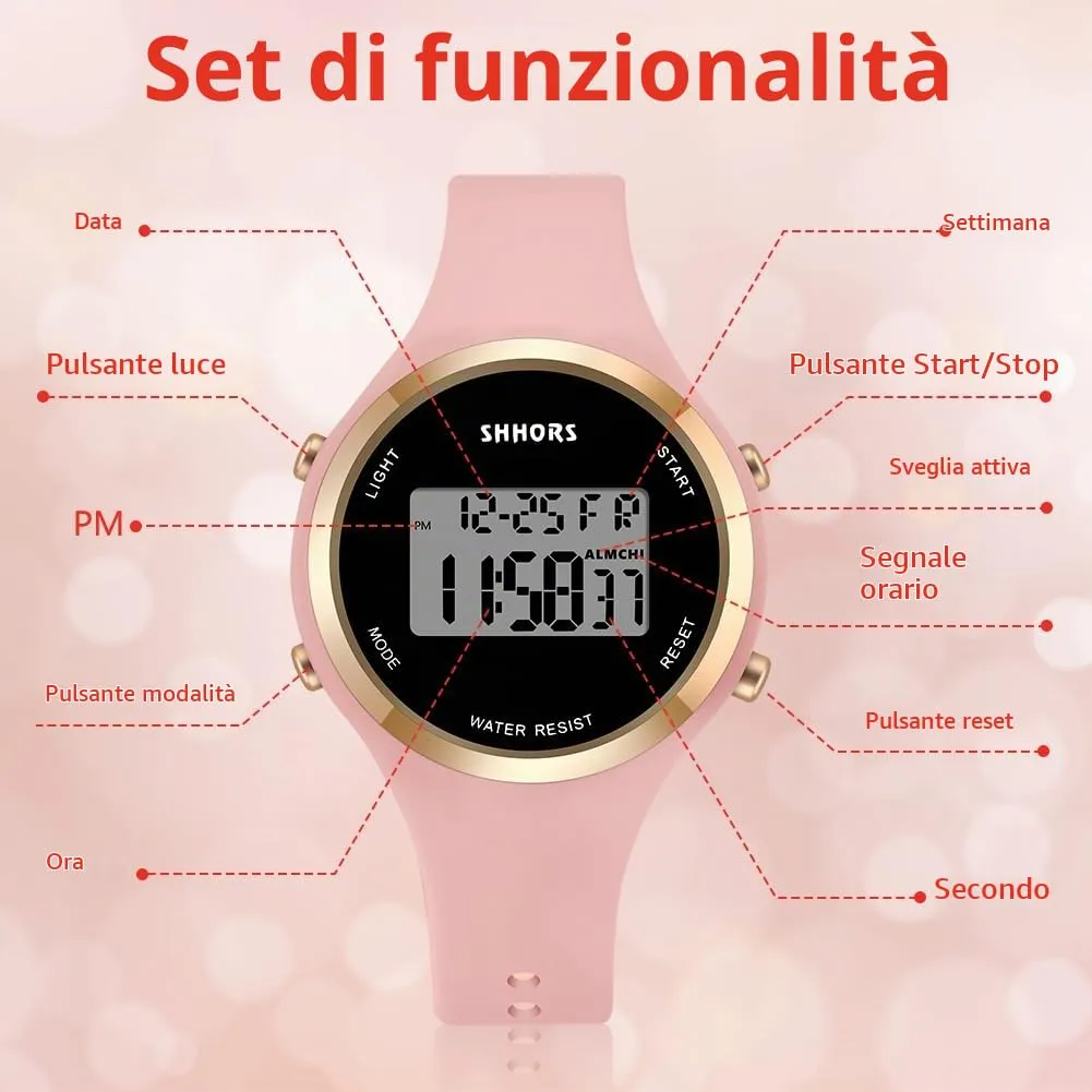 AOOSU Orologio Digitale da Donna, Cinturino in Silicone, Quadrante Luminoso, Data e Sveglia (Rosa Fiori di Ciliegio) - immagine 3