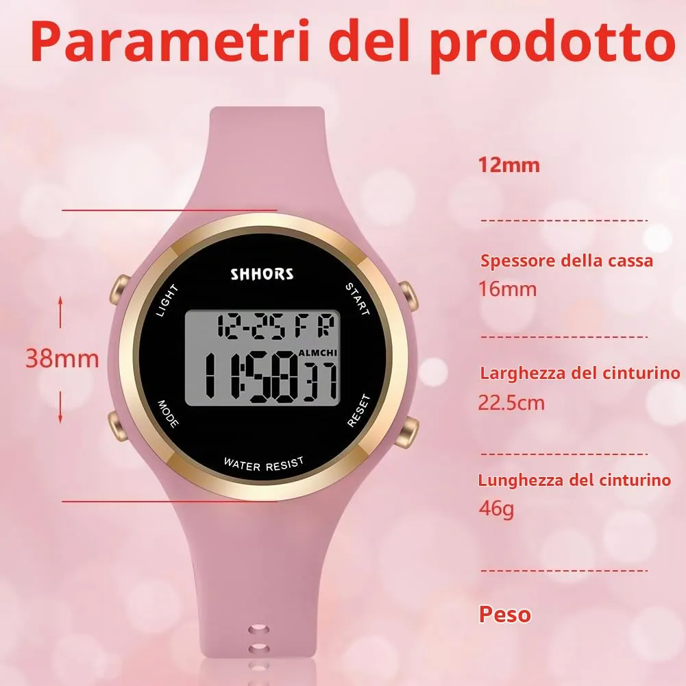 AOOSU Orologio Digitale da Donna con Sveglia, Cinturino in Silicone, Quadrante Luminoso e Data (Rosa Pasta di Fagioli) - immagine 2