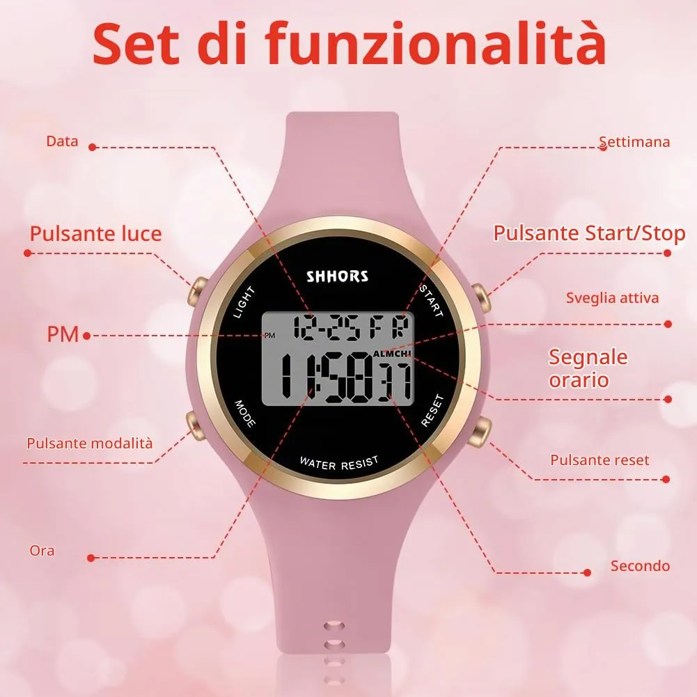 AOOSU Orologio Digitale da Donna con Sveglia, Cinturino in Silicone, Quadrante Luminoso e Data (Rosa Pasta di Fagioli) - immagine 3