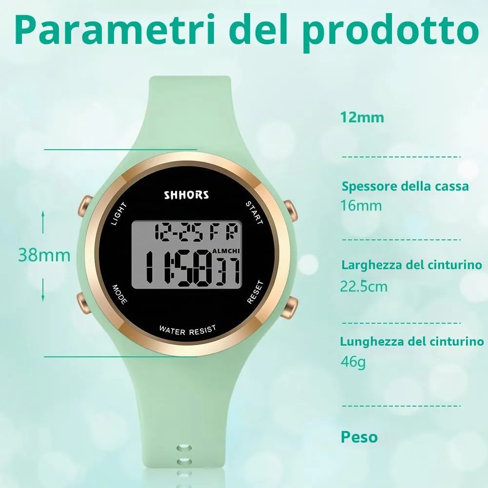 AOOSU Orologio Digitale da Donna con Sveglia e Cinturino in Silicone, Verde Matcha - immagine 2