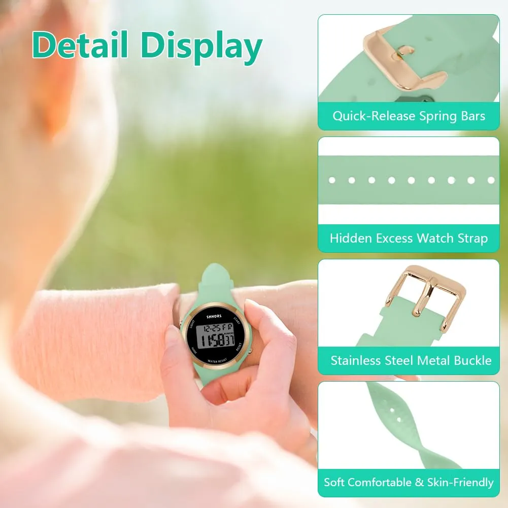 AOOSU Orologio Digitale da Donna con Sveglia e Cinturino in Silicone, Verde Matcha - immagine 4