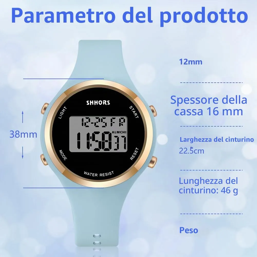 AOOSU Orologio Digitale da Donna, Cinturino in Silicone, Quadrante Luminoso, Azzurro Cielo - immagine 2
