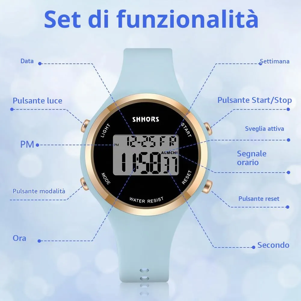 AOOSU Orologio Digitale da Donna, Cinturino in Silicone, Quadrante Luminoso, Azzurro Cielo - immagine 3