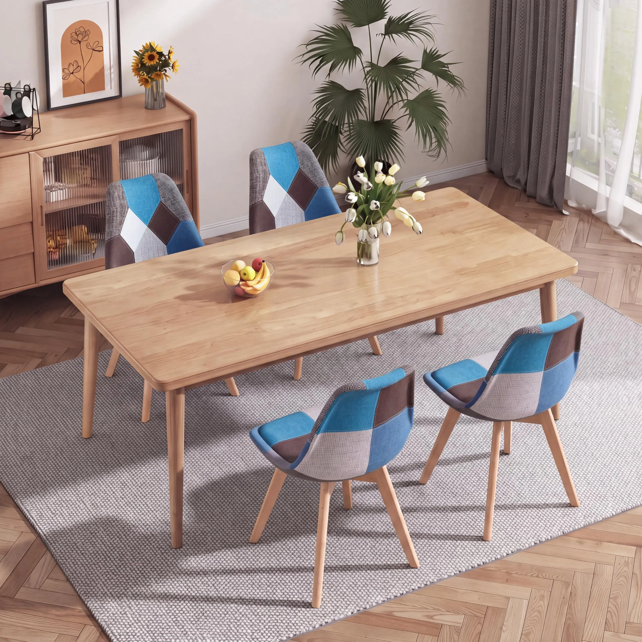GrandCA HOME Set di 4 Sedie da Sala da Pranzo in Legno e Tessuto Patchwork, Blu - immagine 1