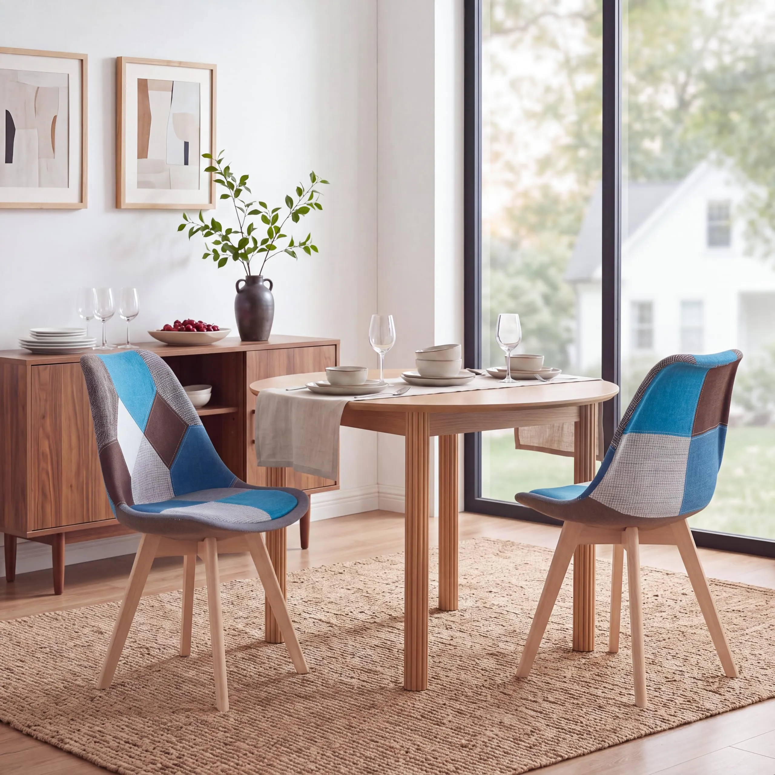 GrandCA HOME Set di 4 Sedie da Sala da Pranzo in Legno e Tessuto Patchwork, Blu - immagine 5