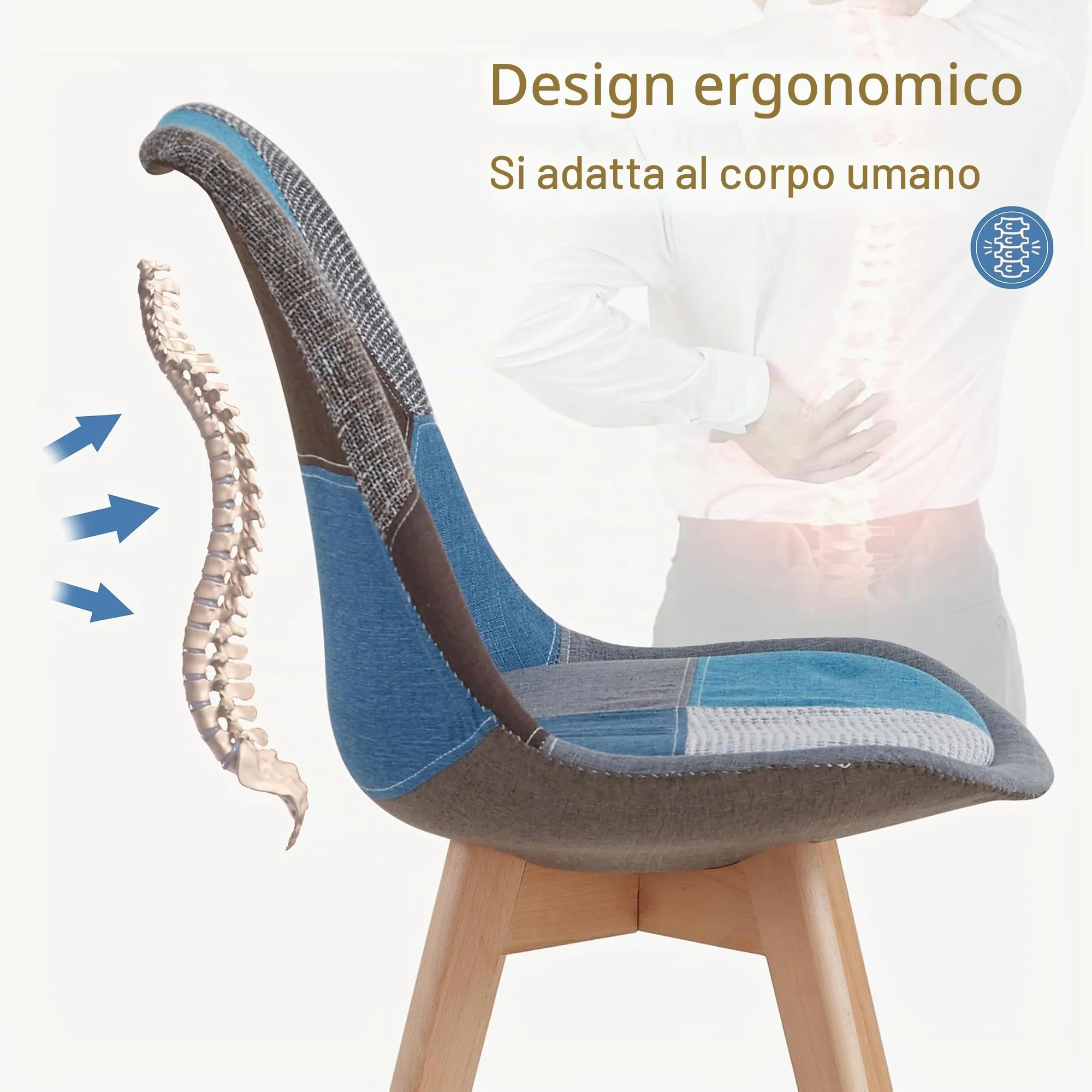 GrandCA HOME Set di 4 Sedie da Sala da Pranzo in Legno e Tessuto Patchwork, Blu - immagine 6