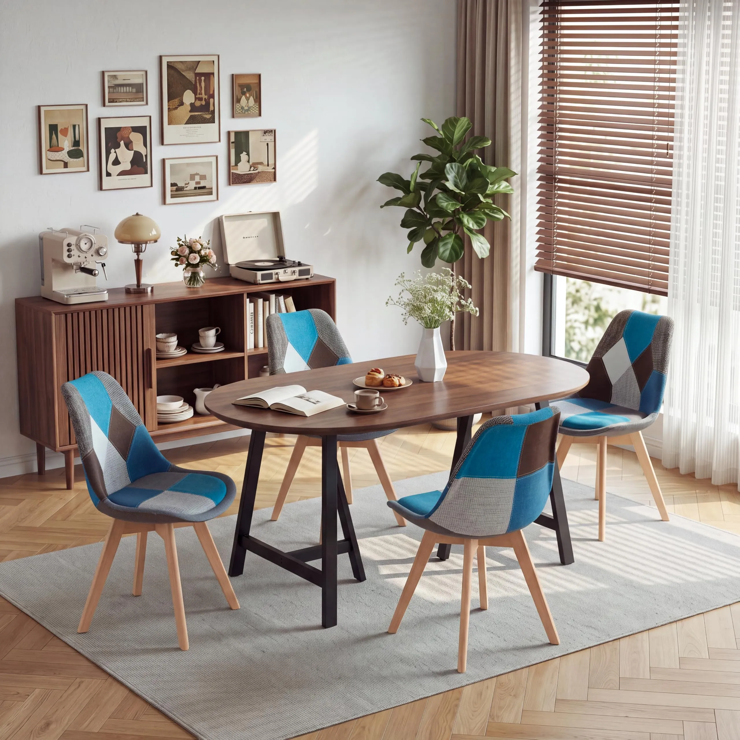 GrandCA HOME Set di 4 Sedie da Sala da Pranzo in Legno e Tessuto Patchwork, Blu - immagine 7