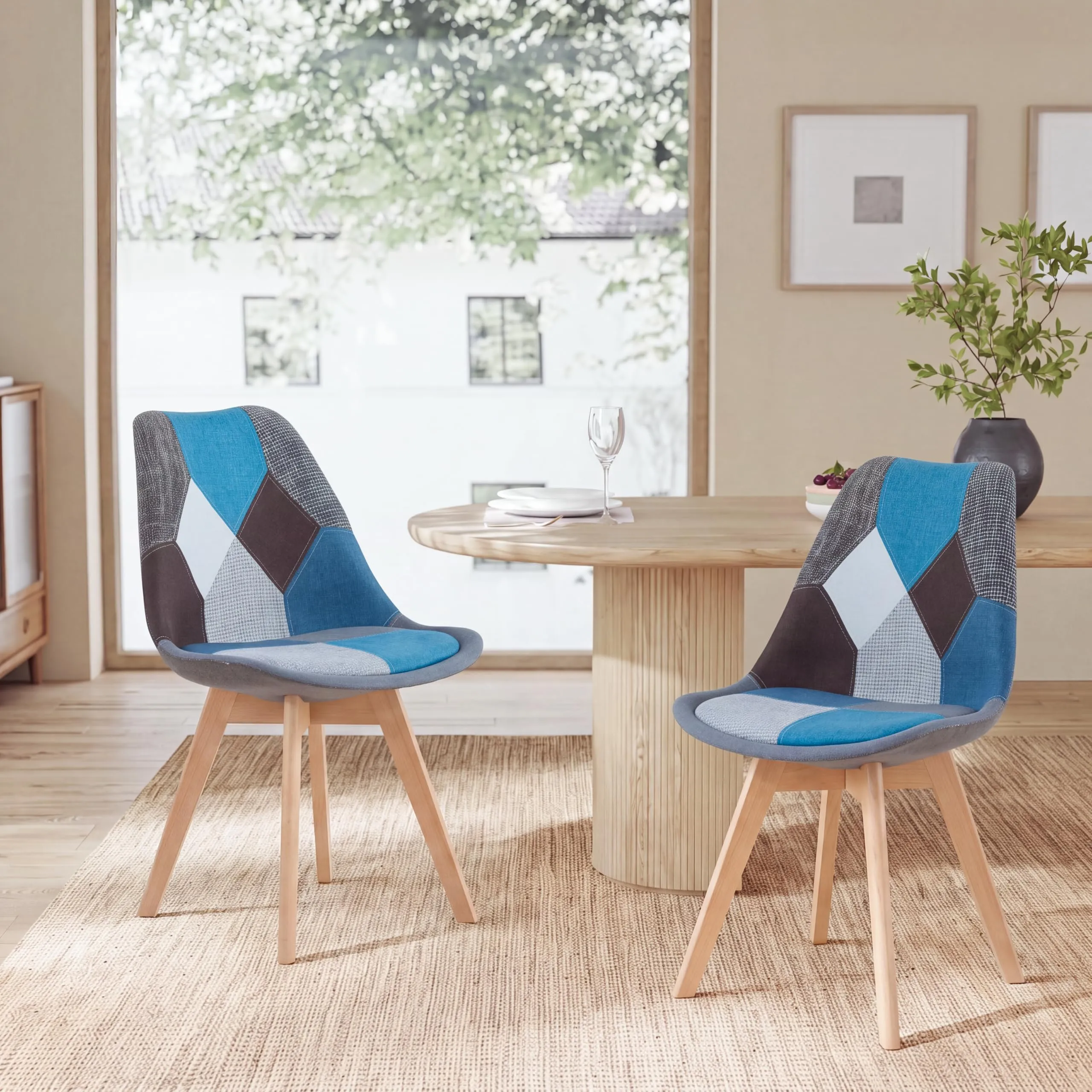 GrandCA HOME Set di 4 Sedie da Sala da Pranzo in Legno e Tessuto Patchwork, Blu - immagine 9