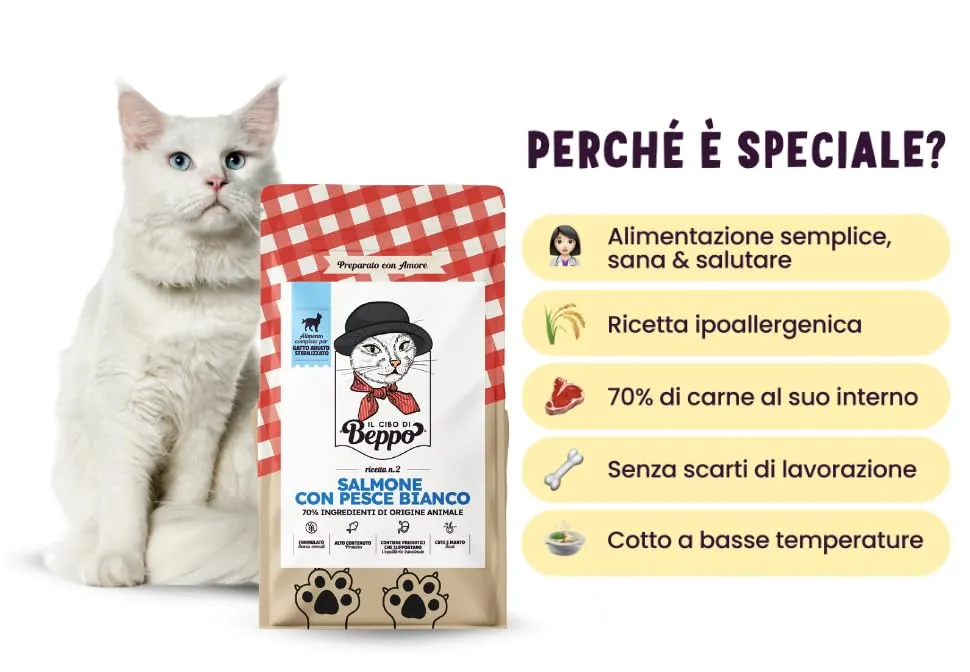 Gatto con Personalità Il Cibo Di Beppo Cibo Secco per Gatti Sterilizzati Grain Free e Senza Glutine Salmone con Pesce Bianco 1.5kg - immagine 3