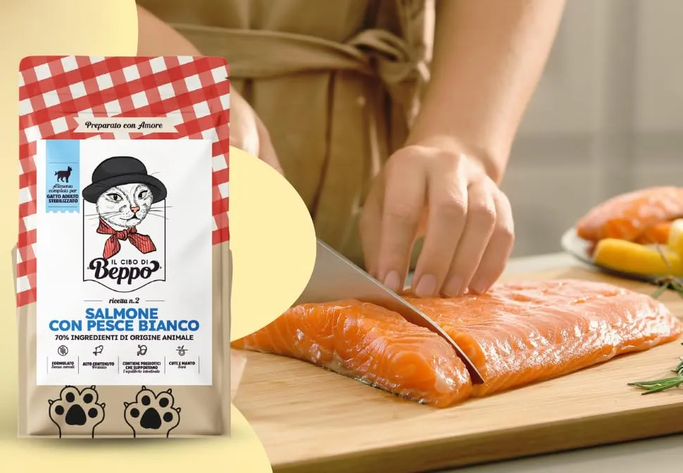 Gatto con Personalità Il Cibo Di Beppo Cibo Secco per Gatti Sterilizzati Grain Free e Senza Glutine Salmone con Pesce Bianco 1.5kg - immagine 4