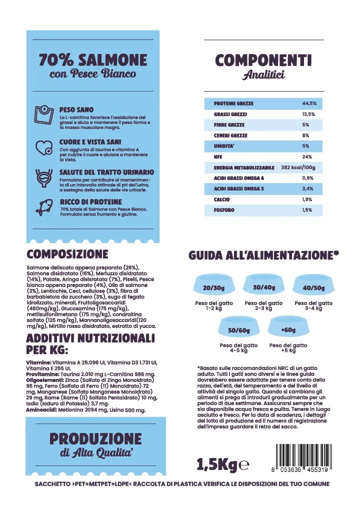 Gatto con Personalità Il Cibo Di Beppo Cibo Secco per Gatti Sterilizzati Grain Free e Senza Glutine Salmone con Pesce Bianco 1.5kg - immagine 7