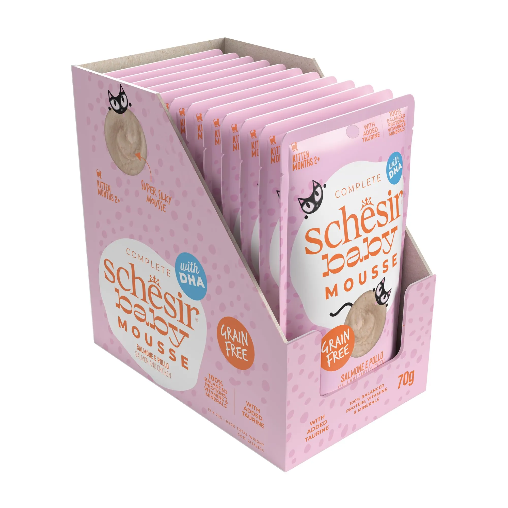 Schesir Baby Filettini di Pollo con Salmone in Mousse Alimento Umido Completo per Gattini Grain Free, 12 x 70 g - immagine 3