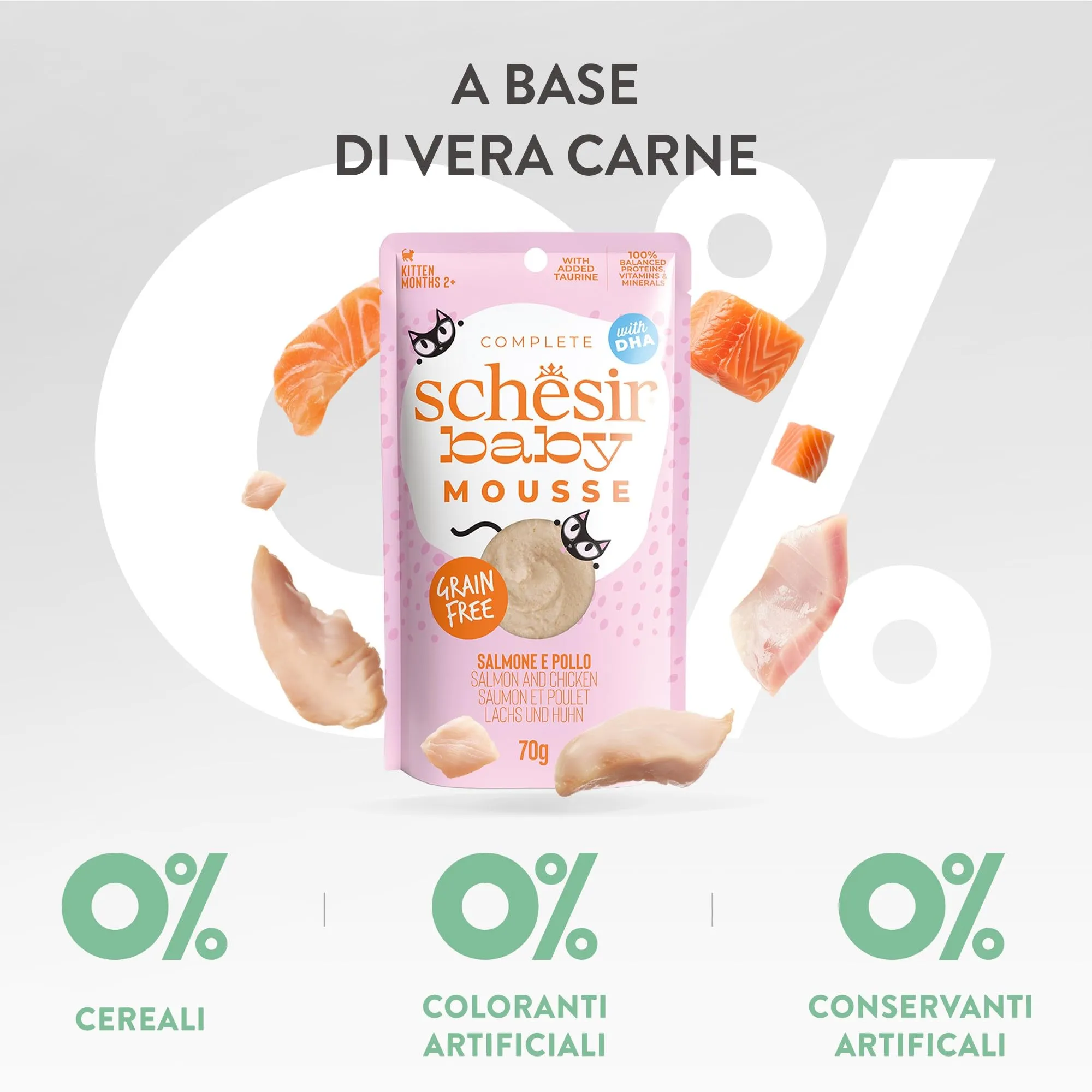 Schesir Baby Filettini di Pollo con Salmone in Mousse Alimento Umido Completo per Gattini Grain Free, 12 x 70 g - immagine 6