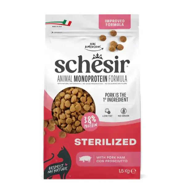Schesir Animal Monoprotein Sterilized Prosciutto Dry Cat Food for Sterilized Adults, 1.5 kg - immagine 1