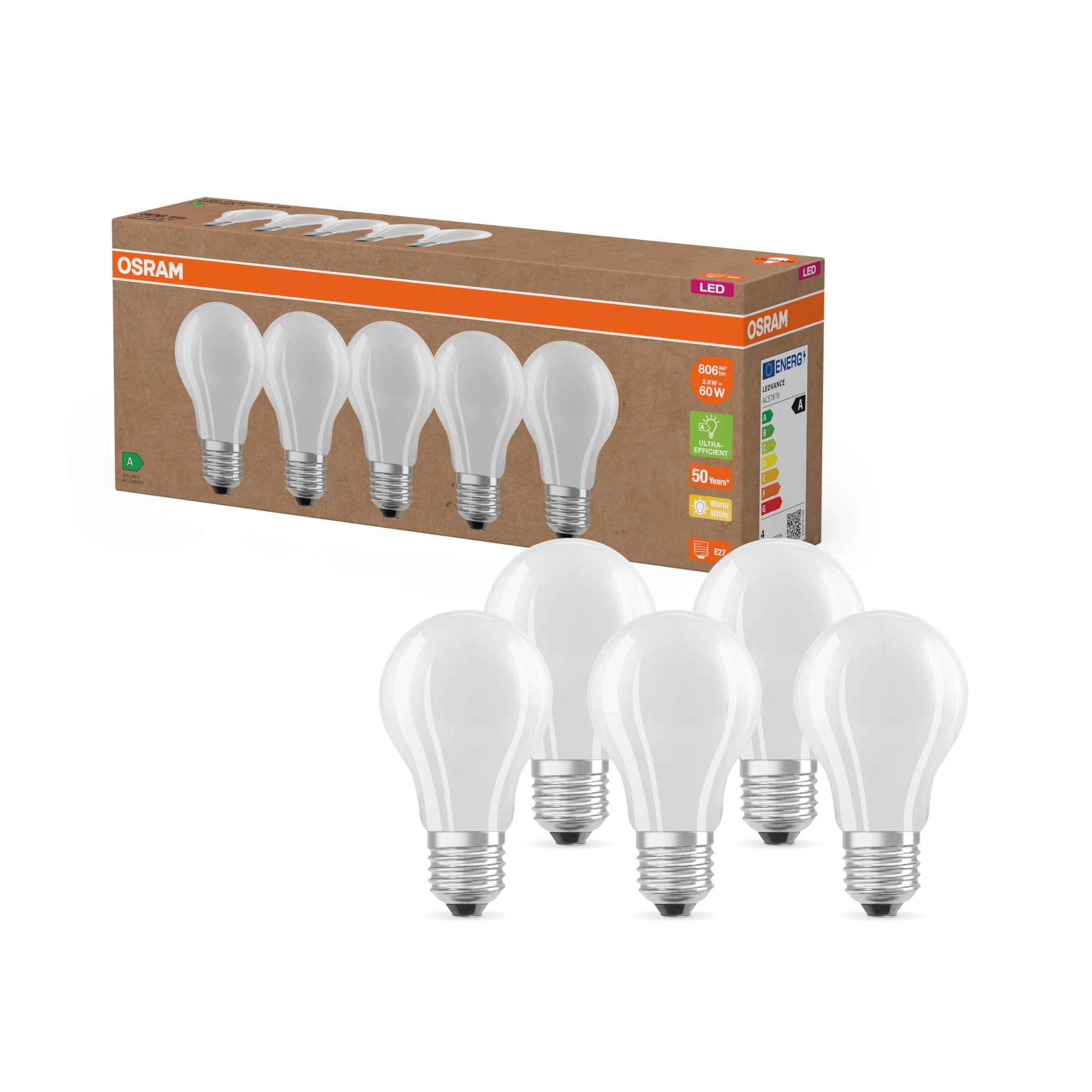 OSRAM Lampade LED E27, 4W (Sostituzione 60W), Bianco Caldo 2700K, Vetro Opaco, Confezione da 5 pezzi - immagine 1