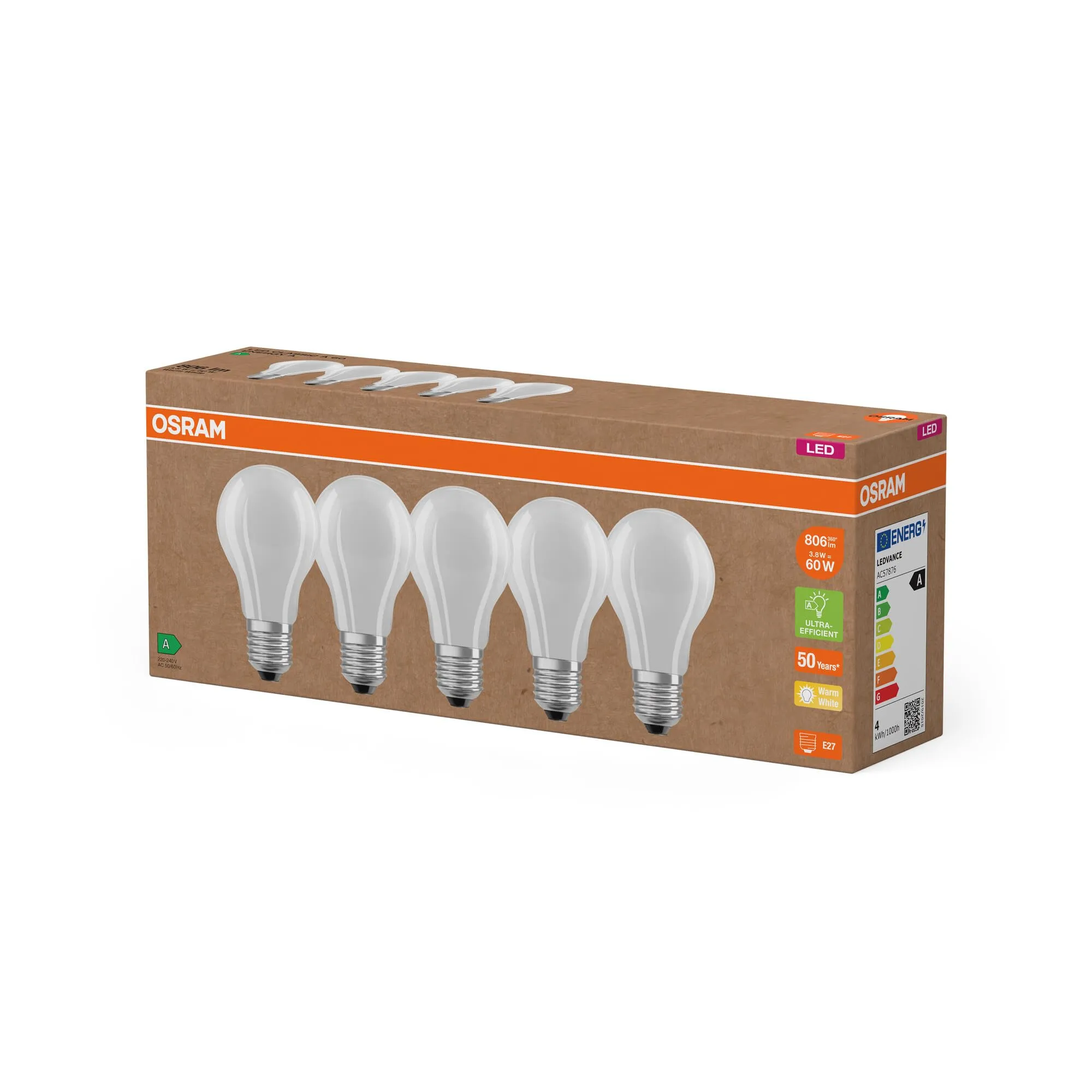 OSRAM Lampade LED E27, 4W (Sostituzione 60W), Bianco Caldo 2700K, Vetro Opaco, Confezione da 5 pezzi - immagine 3
