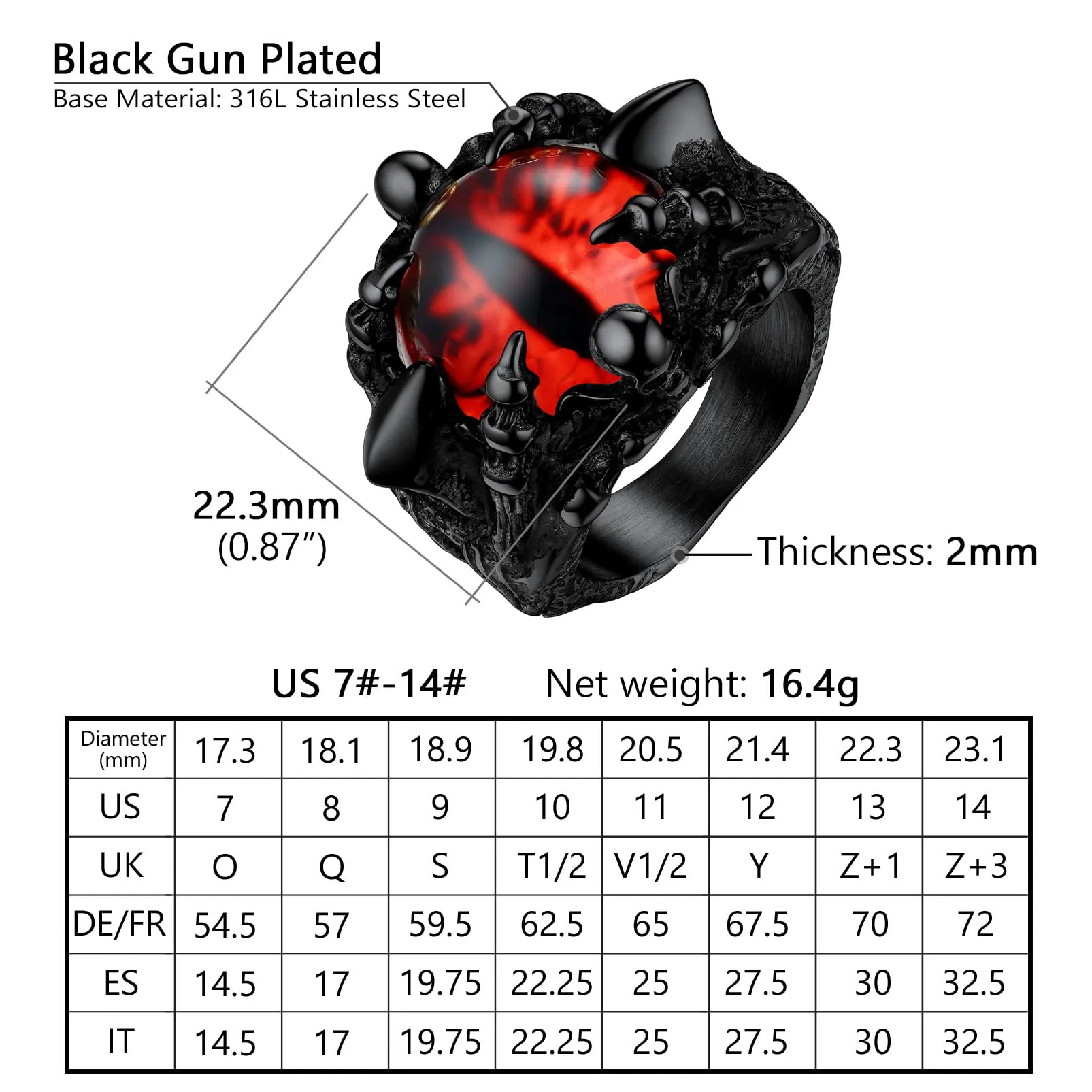 PROSTEEL Anello da Uomo in Acciaio Inossidabile Nero Artiglio della Morte Gotico Punk Hip Hop Misura 23 - immagine 5