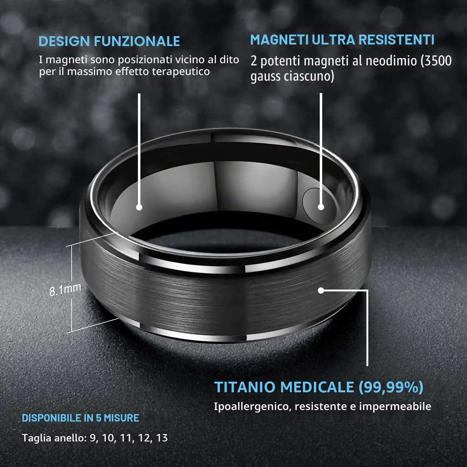 JEROOT Anello Magnetico in Titanio Nero, 8mm, Misura 24 - immagine 3