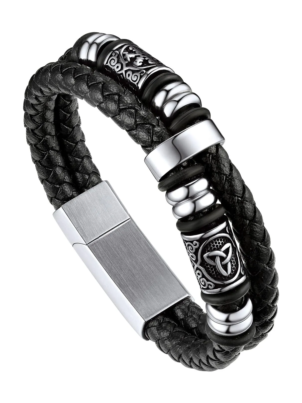 Bandmax Bracciale Uomo in Pelle con Bussola Vichinga e Triquetra Celtica Argento, 23 cm - immagine 1