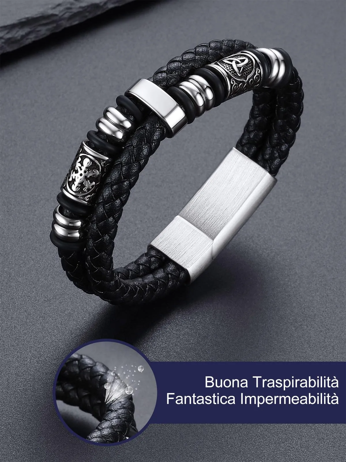 Bandmax Bracciale Uomo in Pelle con Bussola Vichinga e Triquetra Celtica Argento, 23 cm - immagine 4