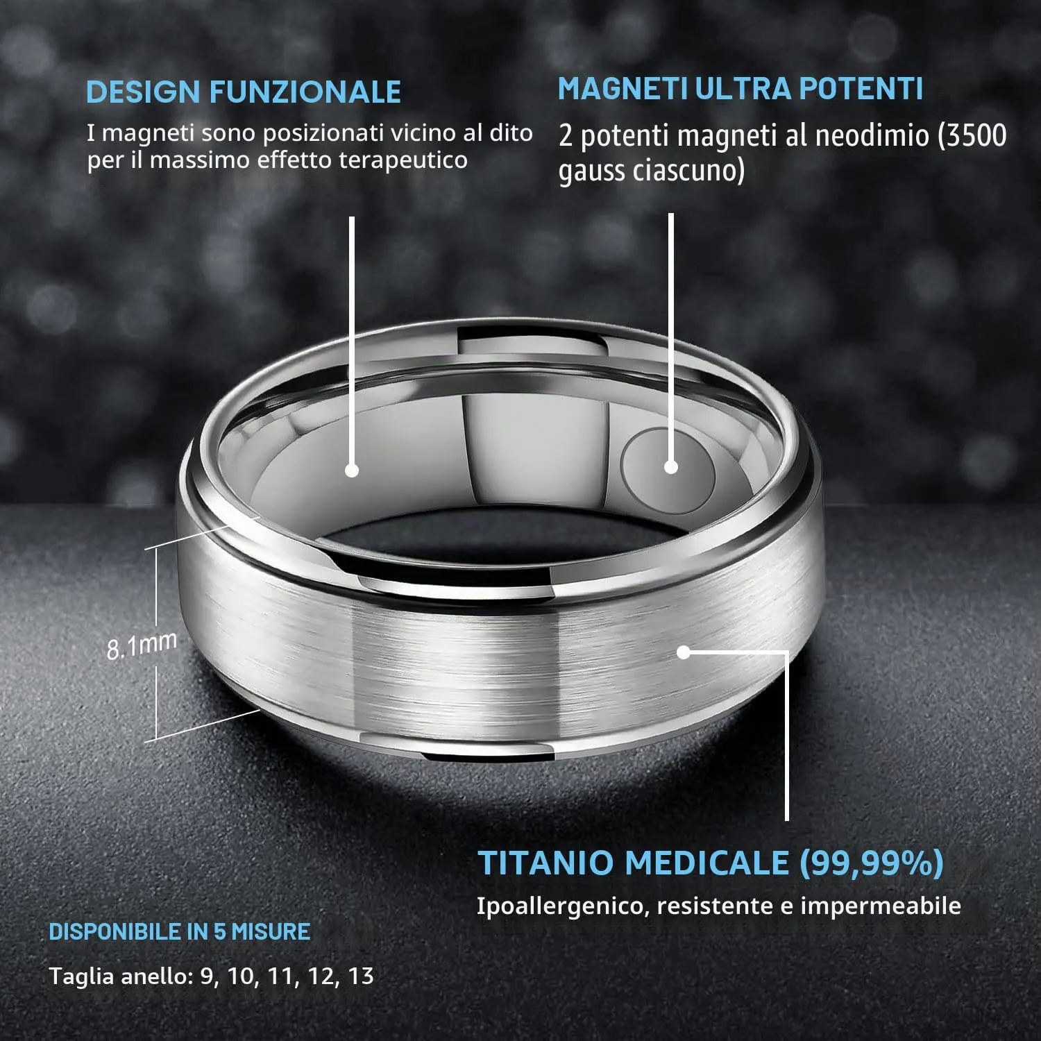 JEROOT Anello Magnetico in Titanio, Argento, 8mm, Misura 12 - immagine 3