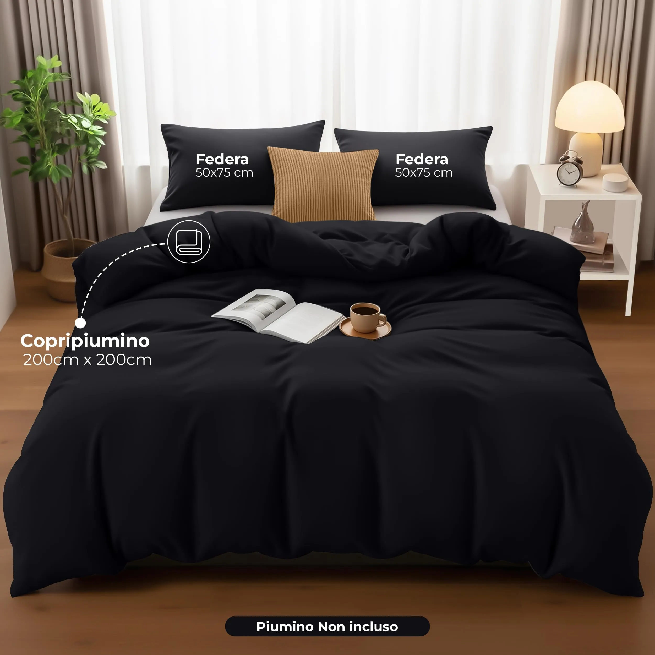 Utopia Bedding Set Copripiumino Matrimoniale 200x200 cm e 2 Federe 50x75 cm, Nero - immagine 2