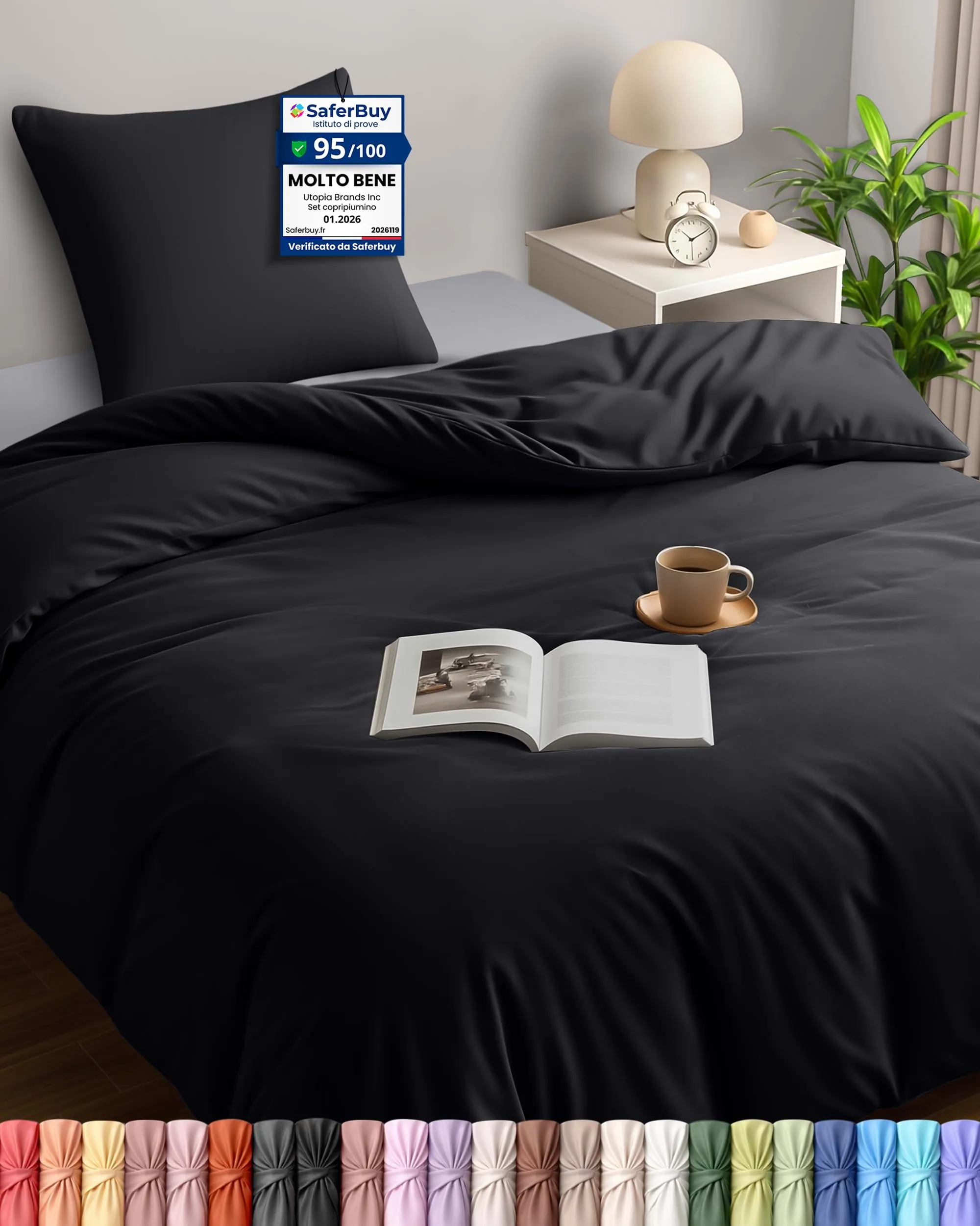 Utopia Bedding Set Copripiumino 135x200 cm e Federa 80x80 cm, Nero - immagine 1