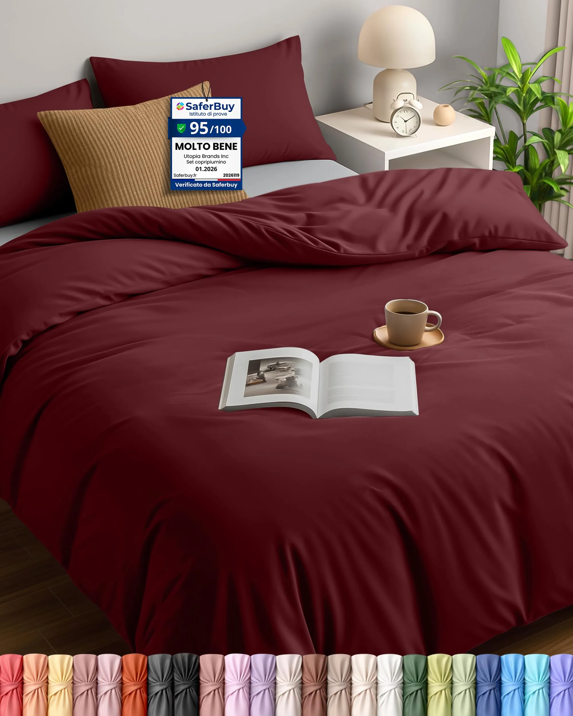Utopia Bedding Set Copripiumino Matrimoniale 200x200 cm e 2 Federe 50x75 cm, Bordeaux - immagine 1