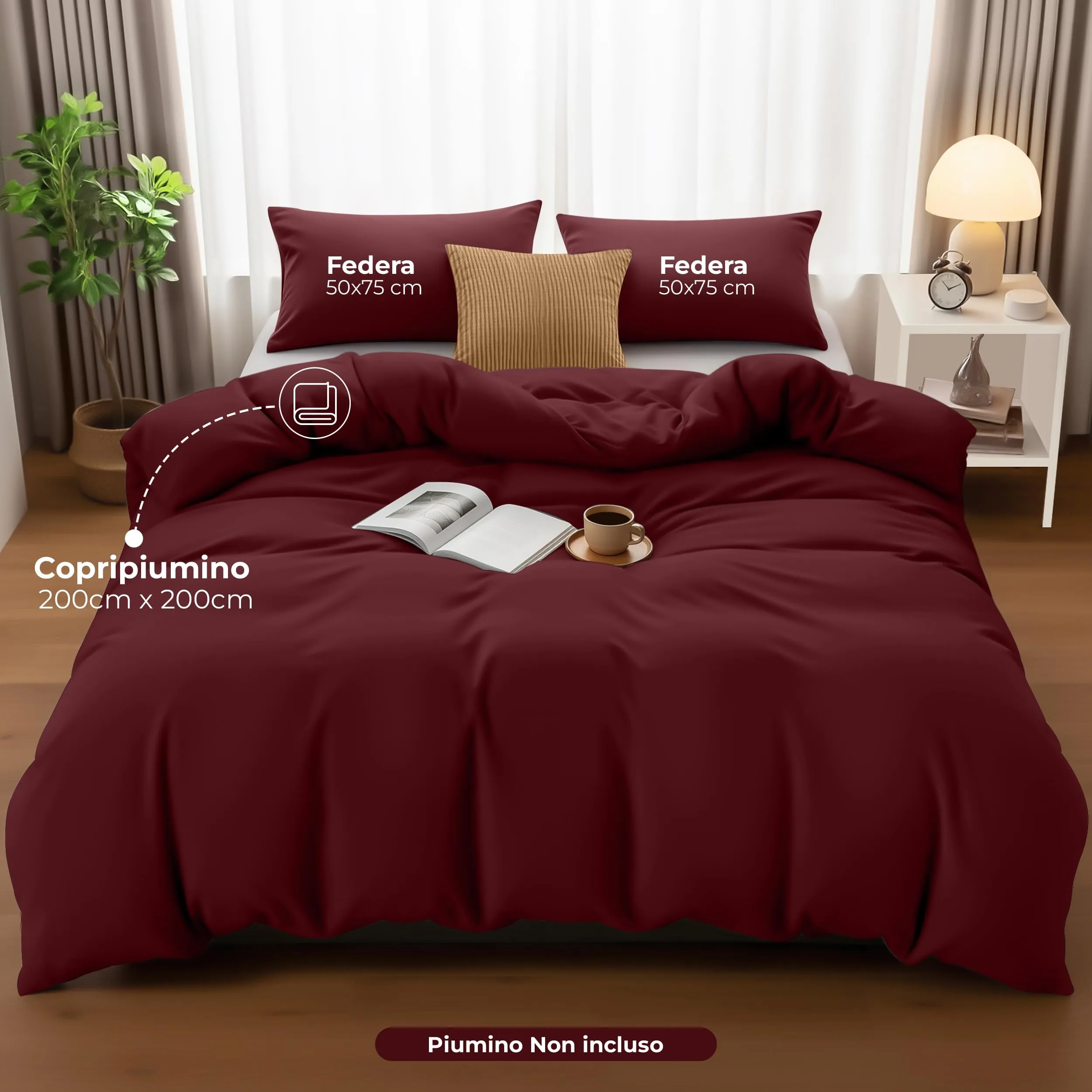 Utopia Bedding Set Copripiumino Matrimoniale 200x200 cm e 2 Federe 50x75 cm, Bordeaux - immagine 2