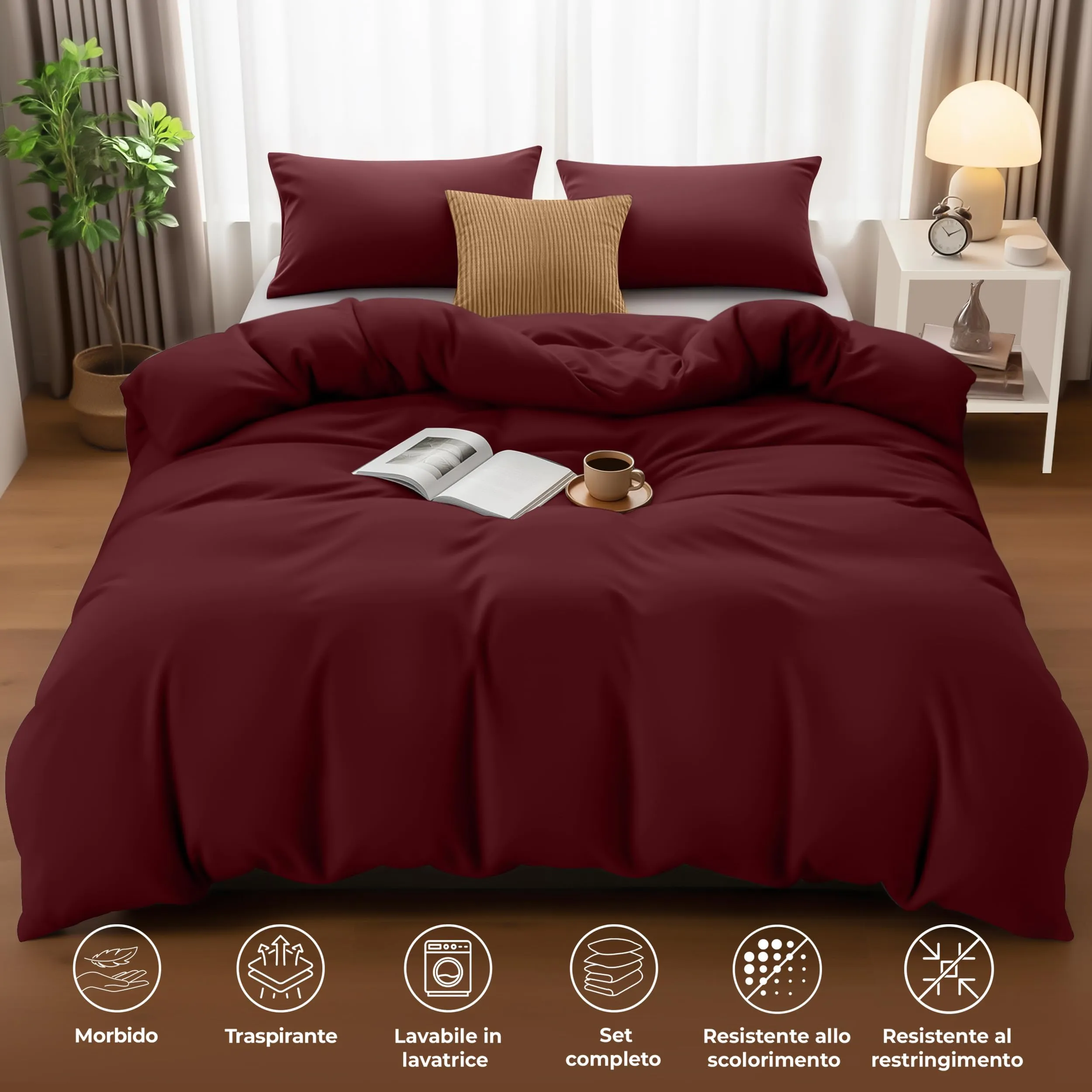 Utopia Bedding Set Copripiumino Matrimoniale 200x200 cm e 2 Federe 50x75 cm, Bordeaux - immagine 5